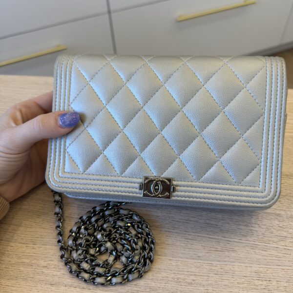Chanel Lambskin Chevron Boy Wallet On Chain WOC Silver Metallic