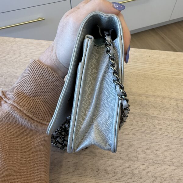 Chanel Lambskin Chevron Boy Wallet On Chain WOC Silver Metallic