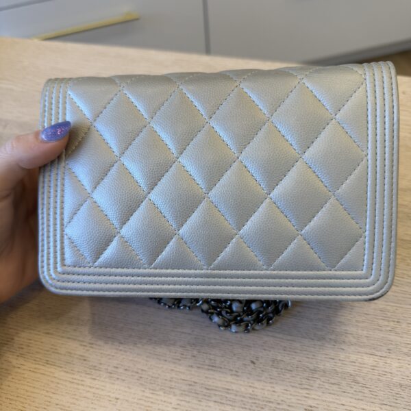 Chanel Lambskin Chevron Boy Wallet On Chain WOC Silver Metallic