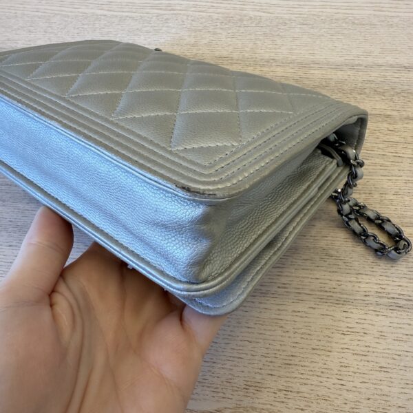 Chanel Lambskin Chevron Boy Wallet On Chain WOC Silver Metallic