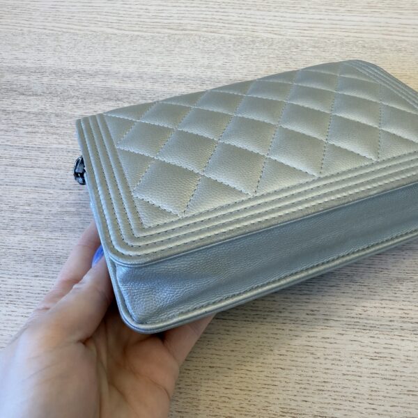 Chanel Lambskin Chevron Boy Wallet On Chain WOC Silver Metallic