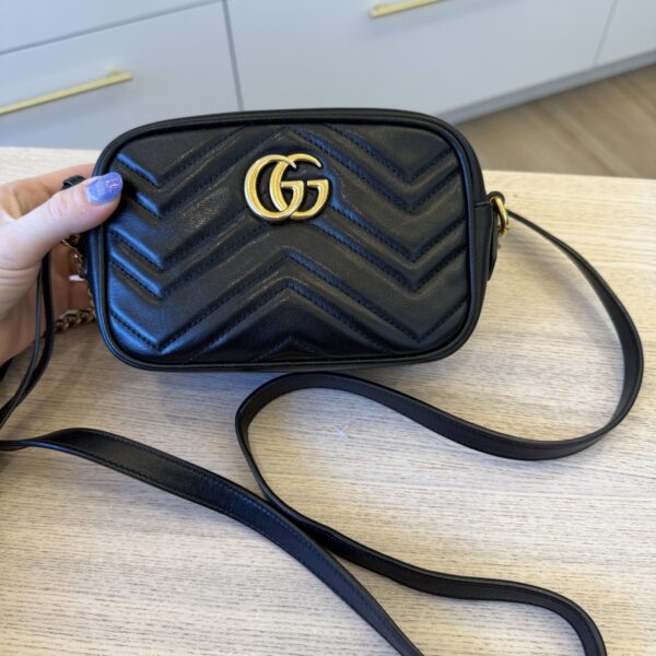 Gucci Calfskin Matelasse Mini GG Marmont Chain Shoulder Bag Black