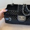 Chanel Interlocking CC Check Embossed Velvet Belted Side Flap Black Silver Hardware