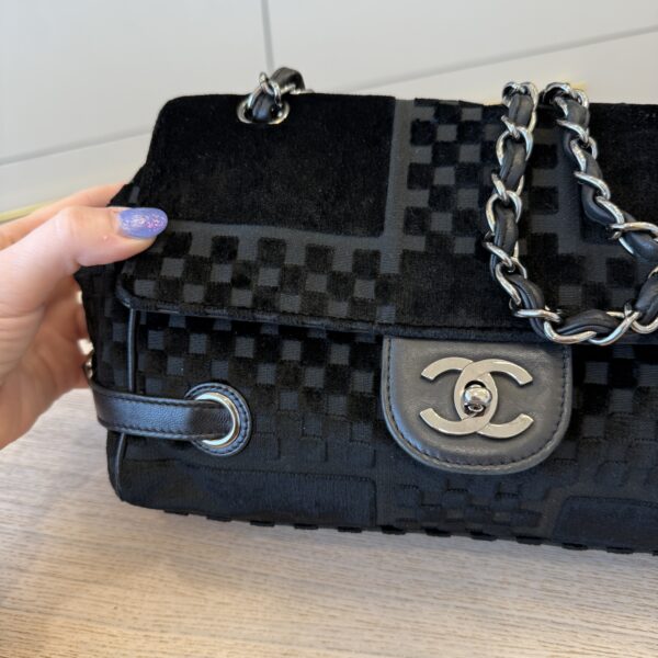 Chanel Interlocking CC Check Embossed Velvet Belted Side Flap Black Silver Hardware