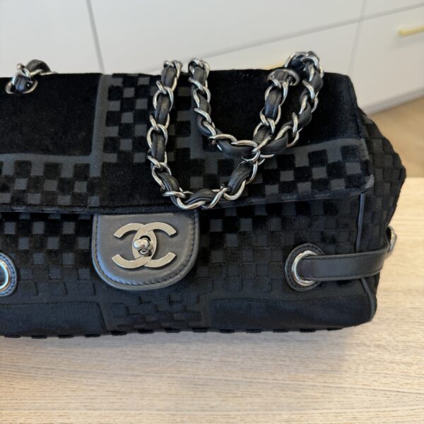 Chanel Interlocking CC Check Embossed Velvet Belted Side Flap Black Silver Hardware