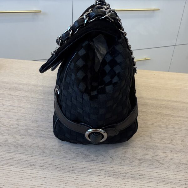 Chanel Interlocking CC Check Embossed Velvet Belted Side Flap Black Silver Hardware