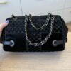 Chanel Interlocking CC Check Embossed Velvet Belted Side Flap Black Silver Hardware