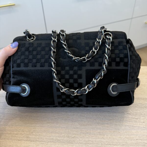 Chanel Interlocking CC Check Embossed Velvet Belted Side Flap Black Silver Hardware
