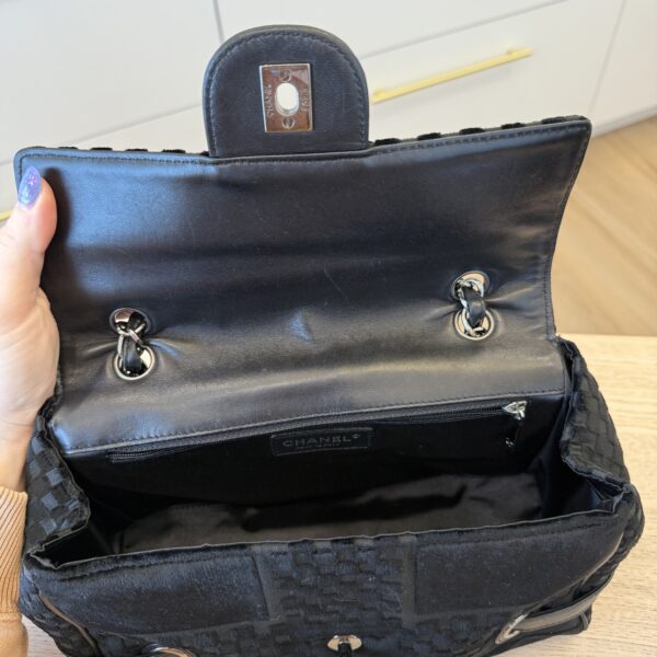 Chanel Interlocking CC Check Embossed Velvet Belted Side Flap Black Silver Hardware