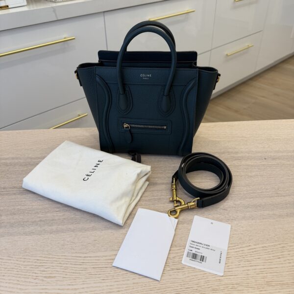 Celine Drummed Calfskin Nano Luggage Dark Green Gold Hardware