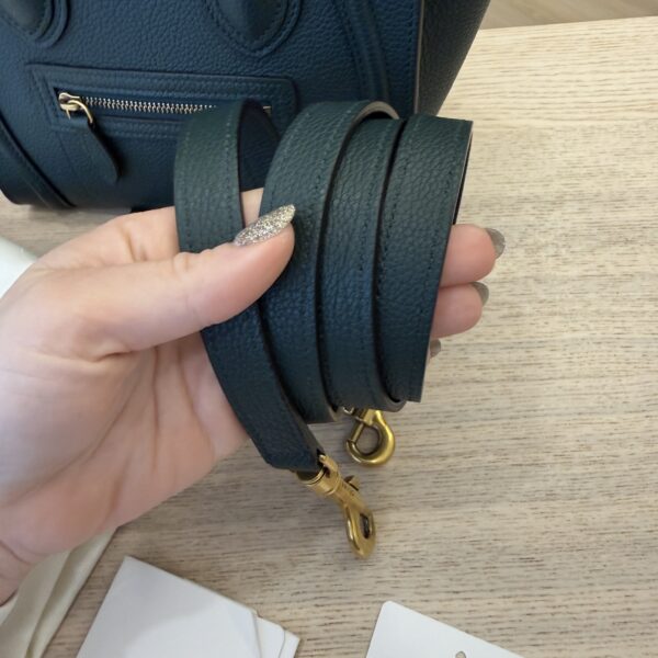 Celine Drummed Calfskin Nano Luggage Dark Green Gold Hardware