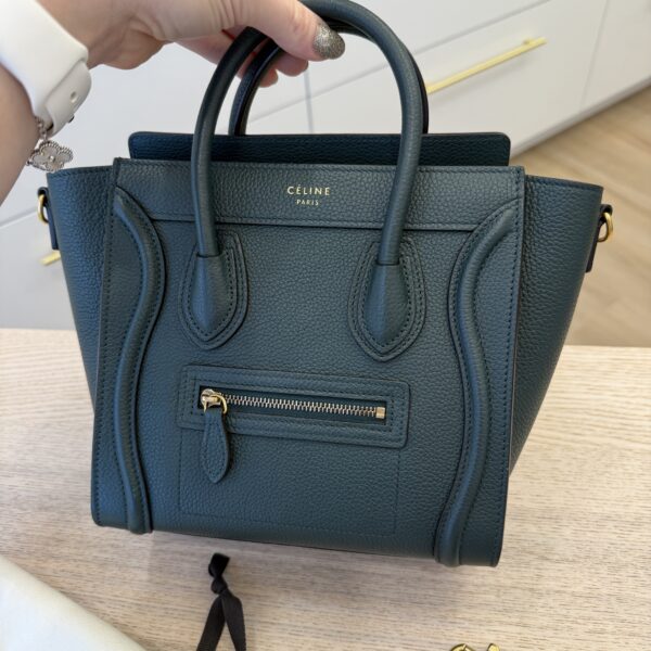Celine Drummed Calfskin Nano Luggage Dark Green Gold Hardware