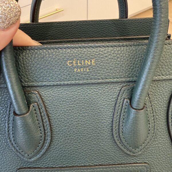 Celine Drummed Calfskin Nano Luggage Dark Green Gold Hardware