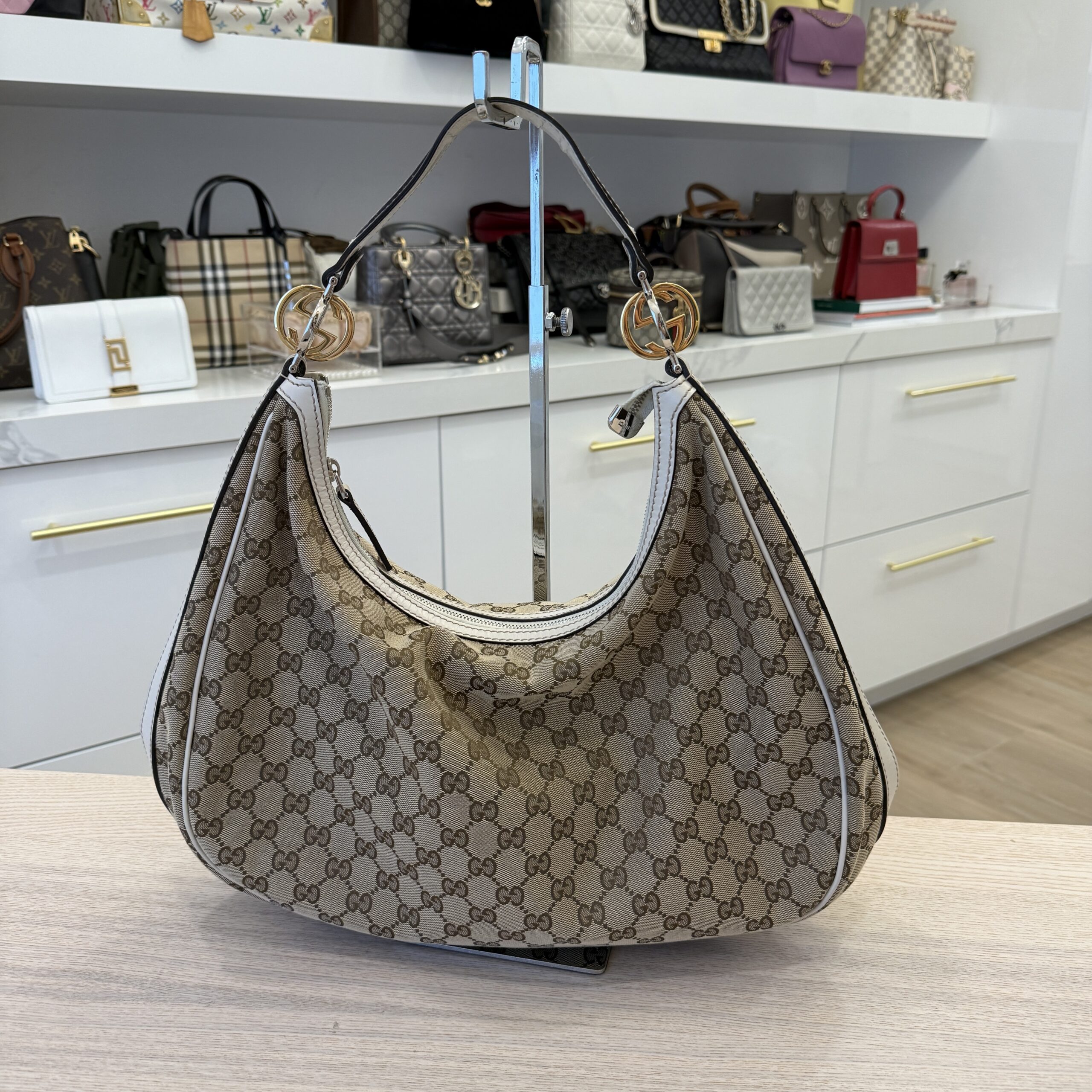 Gucci Brown GG Canvas Twins Shoulder Bag White Beige