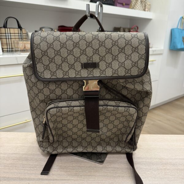 Gucci GG Supreme Monogram Medium Single Buckle Rucksack Backpack Beige Ebony Brown