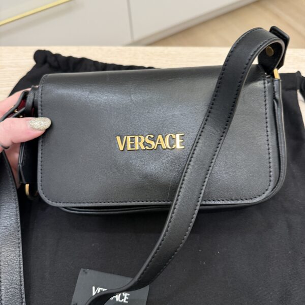 Versace Tag Mini Flap Leather Shoulder Bag Black