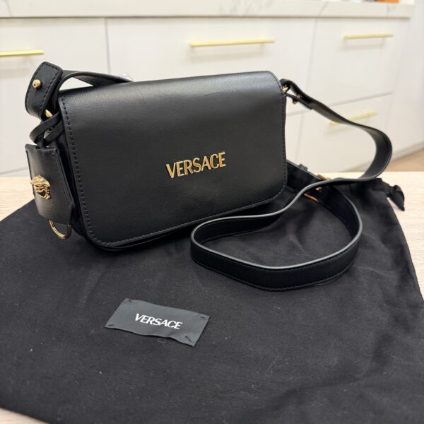 Versace Tag Mini Flap Leather Shoulder Bag Black