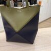 Loewe Medium Puzzle Fold Tote in Shiny Calfskin Olive and Blue Abyss