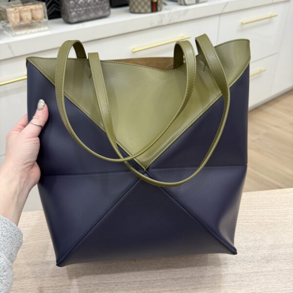 Loewe Medium Puzzle Fold Tote in Shiny Calfskin Olive and Blue Abyss