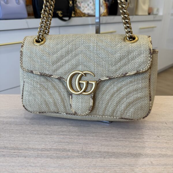 Gucci Natural Raffia And Snakeskin GG Marmont Small Matelasse Shoulder Bag