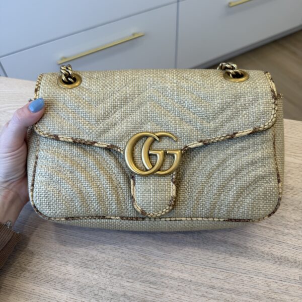 Gucci Natural Raffia And Snakeskin GG Marmont Small Matelasse Shoulder Bag