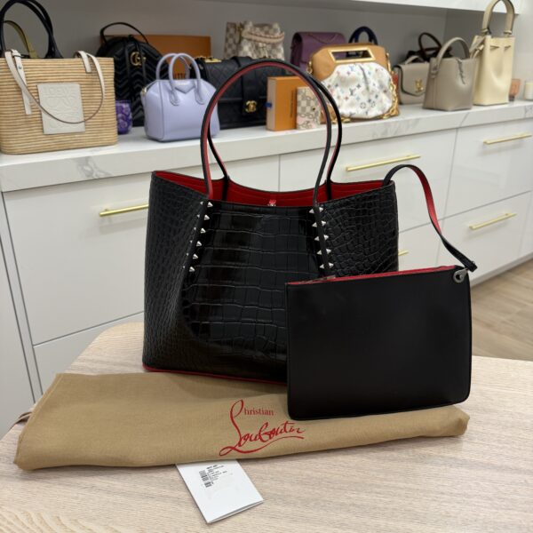 Christian Louboutin Crocodile Embossed Calfskin Spiked Small Cabarock Shopper Tote Black