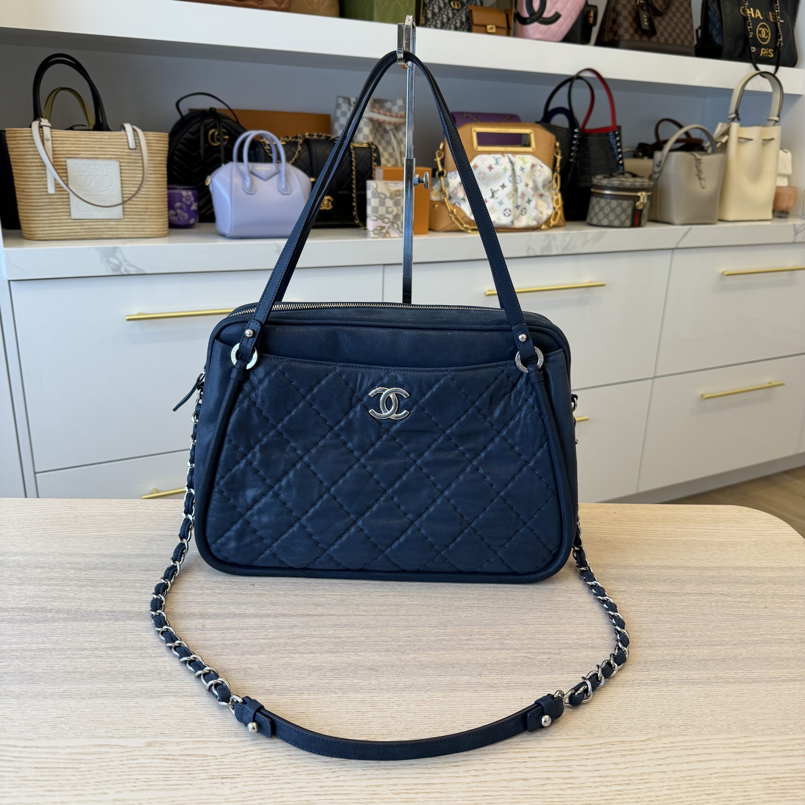 Chanel Iridescent Calfskin Quilted Relax CC Camera Case Navy
