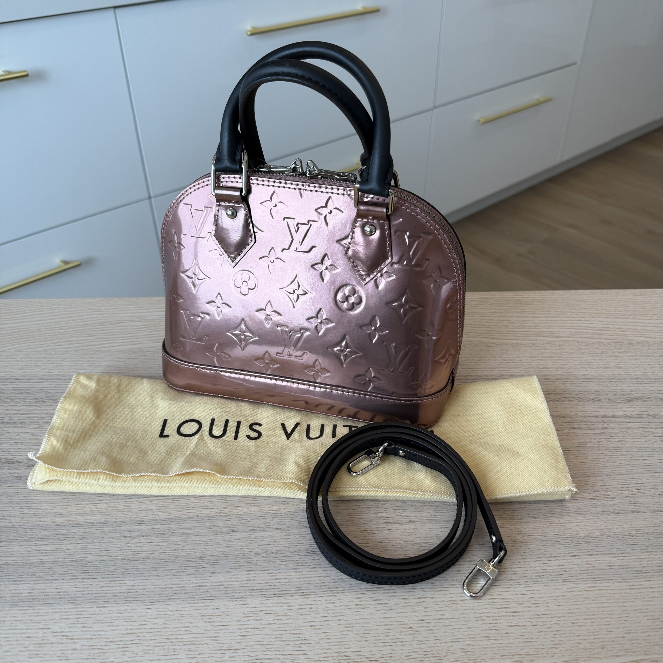 Louis Vuitton Alma Handbag Metallic Monogram Vernis with Leather BB