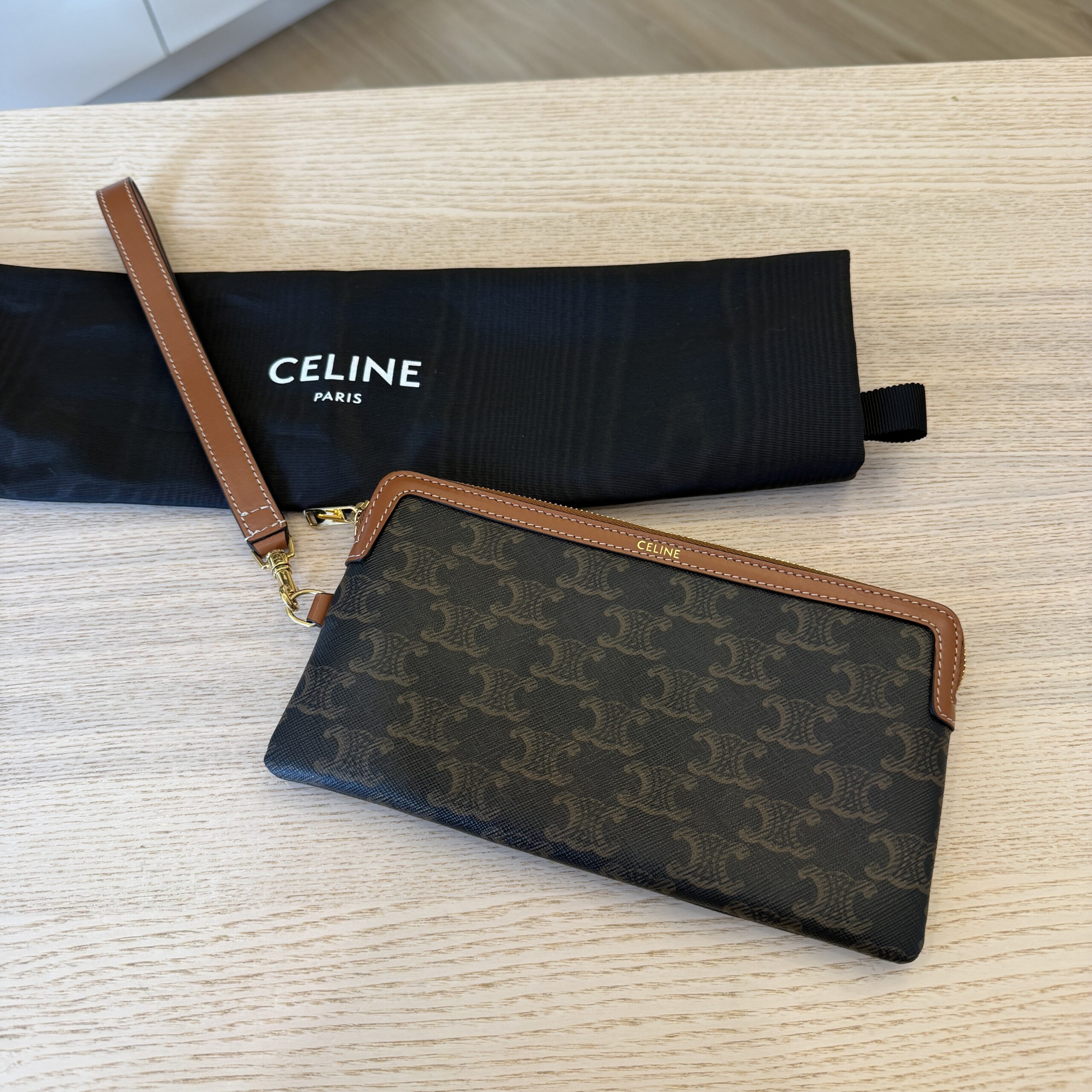 Celine Long Pouch with Strap in Triomphe Canvas and Calfskin
