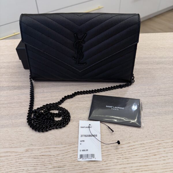 Saint Laurent Envelope Quilted Leather Chain Wallet Black and Black Hardware