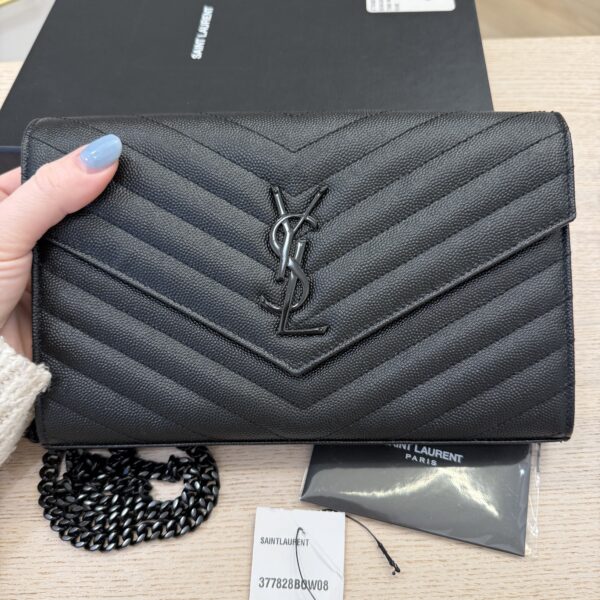 Saint Laurent Envelope Quilted Leather Chain Wallet Black and Black Hardware