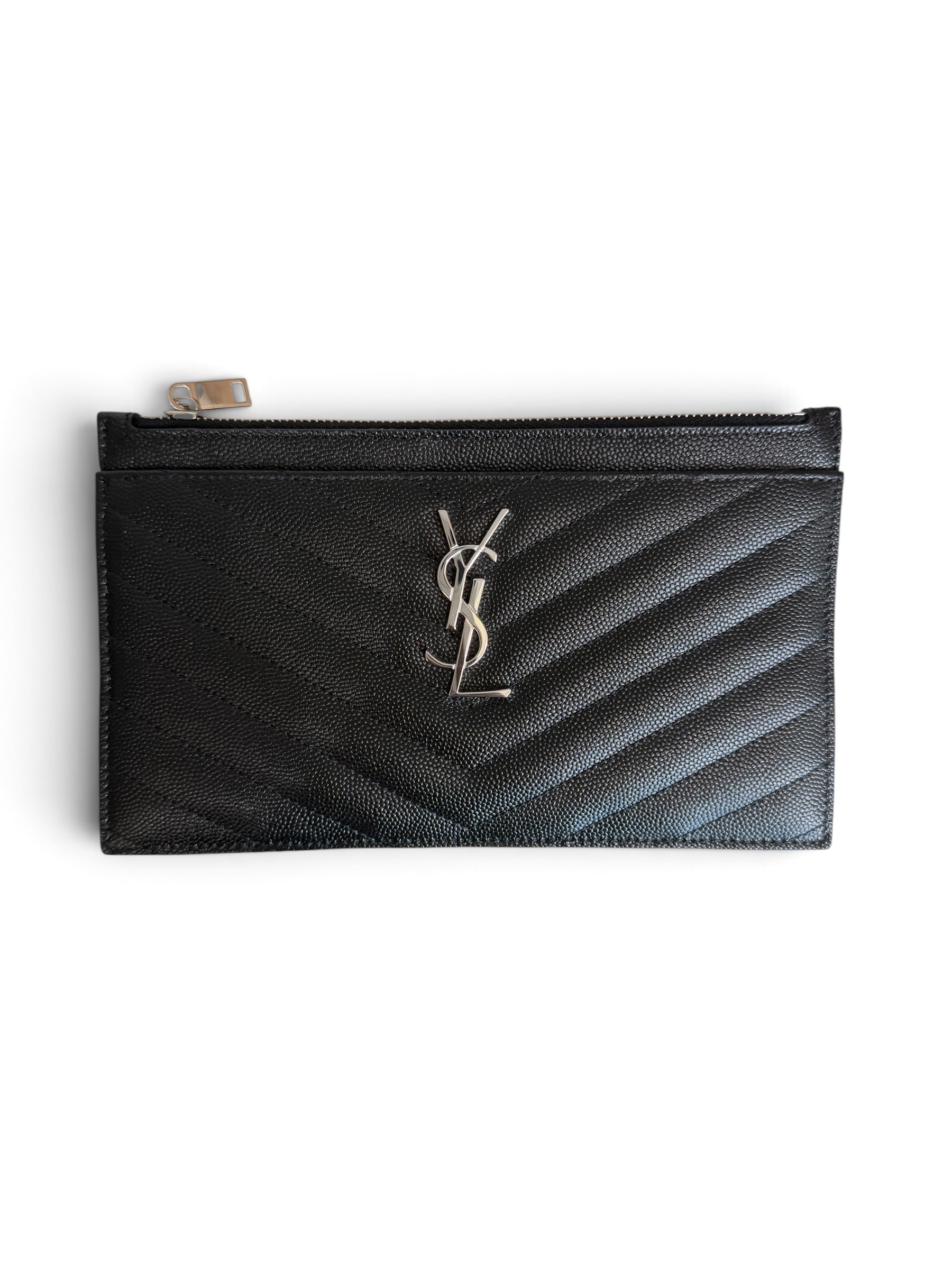Saint Laurent (YSL) Grain De Poudre Chevron Monogram Bill Pouch Black Silver Hardware