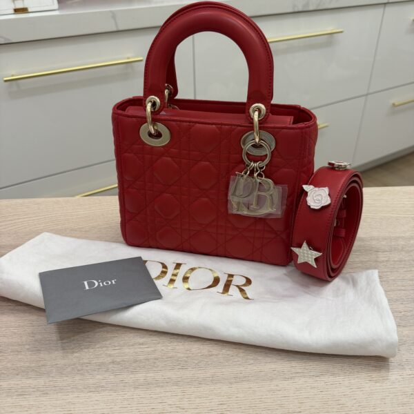 Christian Dior Lambskin Cannage Small Lady Dior Dark Red Gold Hardware Lucky Badges Strap