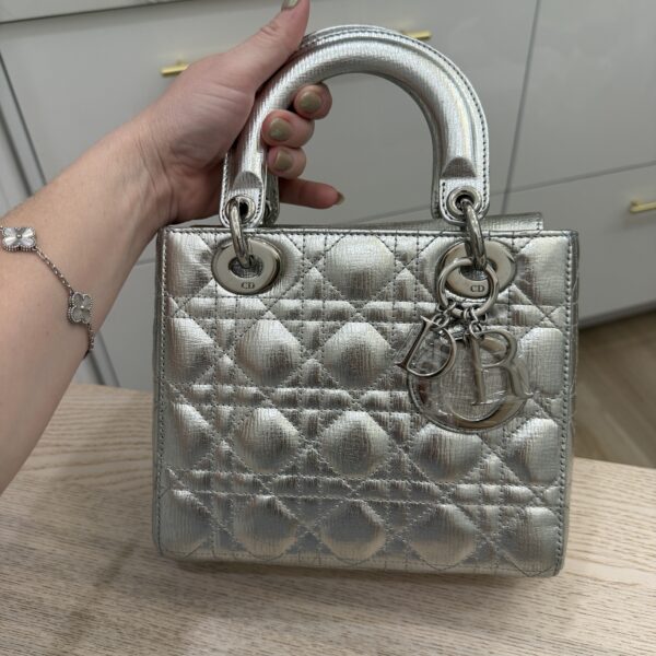 Christian Dior Metallic Grained Calfskin Cannage Small Lady Dior Silver and Silver Hardware