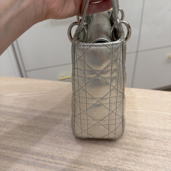 Christian Dior Metallic Grained Calfskin Cannage Small Lady Dior Silver and Silver Hardware