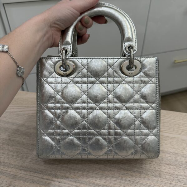 Christian Dior Metallic Grained Calfskin Cannage Small Lady Dior Silver and Silver Hardware