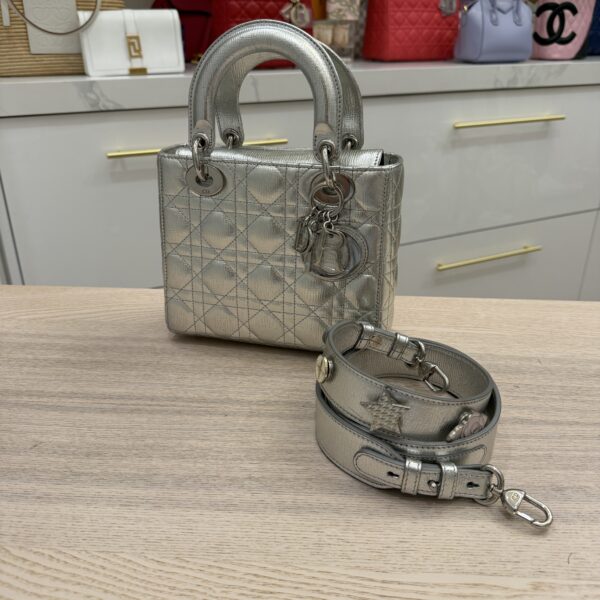 Christian Dior Metallic Grained Calfskin Cannage Small Lady Dior Silver and Silver Hardware