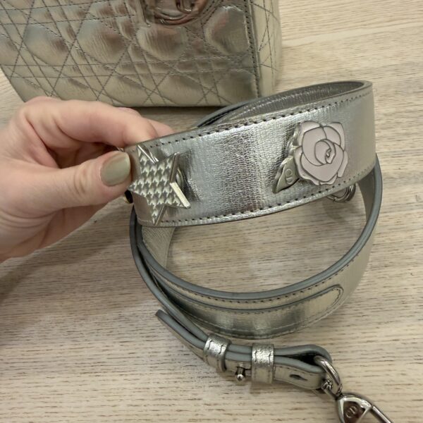 Christian Dior Metallic Grained Calfskin Cannage Small Lady Dior Silver and Silver Hardware