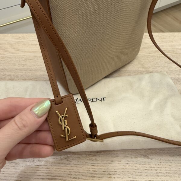 Saint Laurent (YSL) Brown Leather and Canvas Bucket Bag With Cassandre Charm