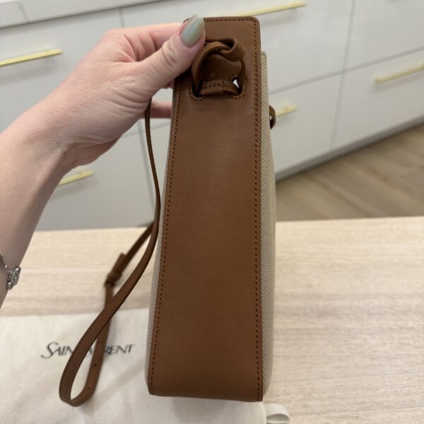 Saint Laurent (YSL) Brown Leather and Canvas Bucket Bag With Cassandre Charm