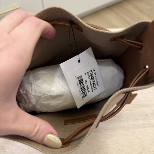 Saint Laurent (YSL) Brown Leather and Canvas Bucket Bag With Cassandre Charm