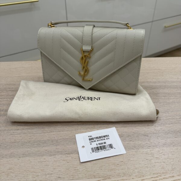 Saint Laurent (YSL) Envelope Triquilt Small YSL Shoulder Bag in Grained Leather Crema Soft