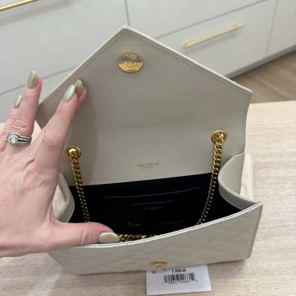 Saint Laurent (YSL) Envelope Triquilt Small YSL Shoulder Bag in Grained Leather Crema Soft