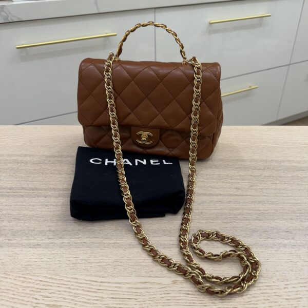 Chanel Shiny Lambskin Quilted Golden Links Top Handle Flap Caramel