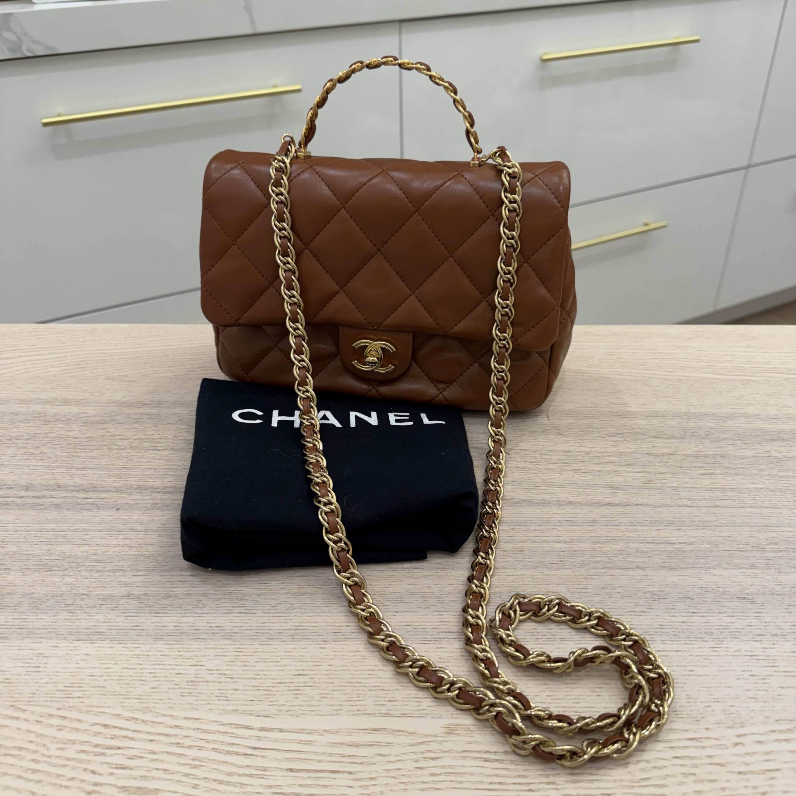 Chanel Shiny Lambskin Quilted Golden Links Top Handle Flap Caramel