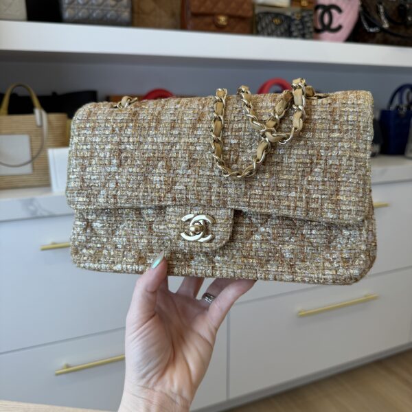 Chanel 24K Vintage Tweed Quilted Medium Double Flap Beige Gold Multicolor