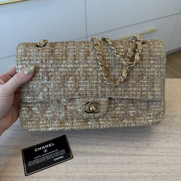 Chanel 24K Vintage Tweed Quilted Medium Double Flap Beige Gold Multicolor