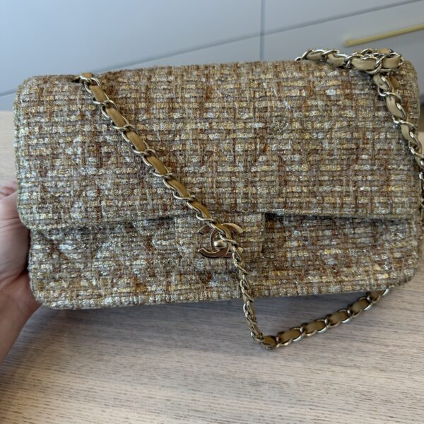 Chanel 24K Vintage Tweed Quilted Medium Double Flap Beige Gold Multicolor