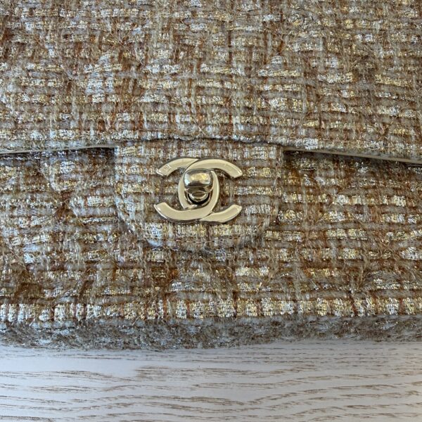 Chanel 24K Vintage Tweed Quilted Medium Double Flap Beige Gold Multicolor