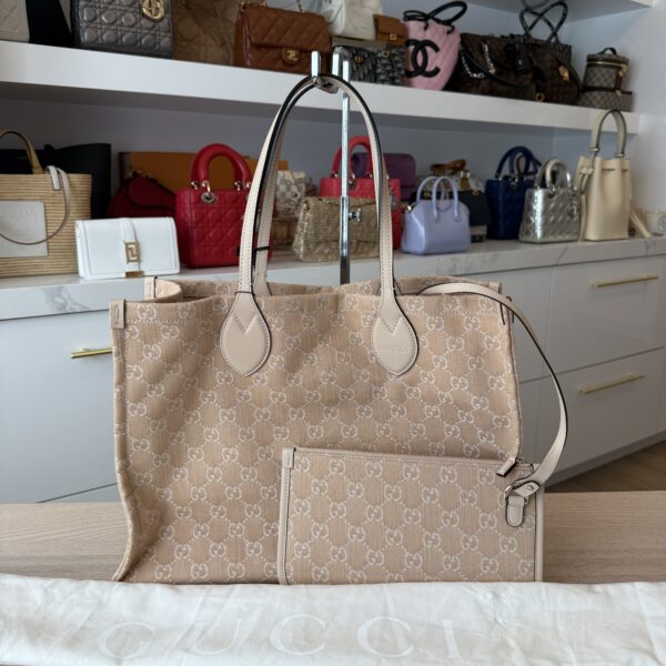 Gucci Denim Ophidia GG Monogram Large Tote Light Beige